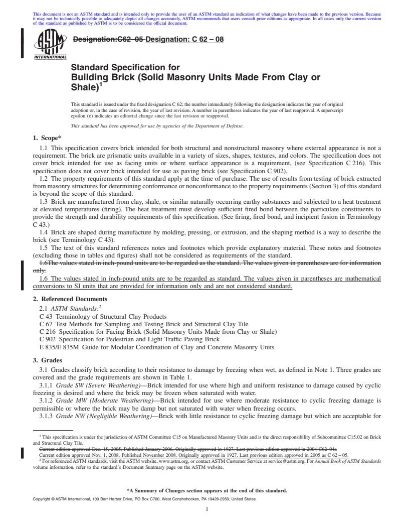 REDLINE ASTM C62-08 - Standard Specification for Building Brick (Solid Masonry Units Made From Clay or Shale)