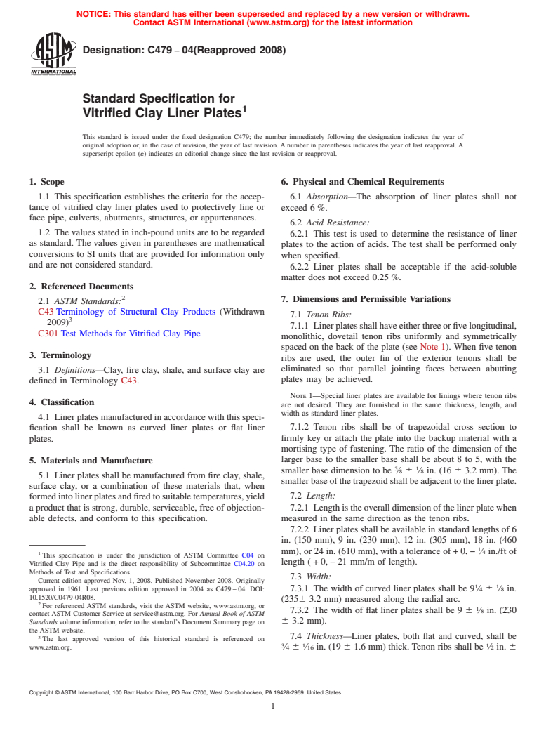 ASTM C479-04(2008) - Standard Specification for Vitrified Clay Liner Plates