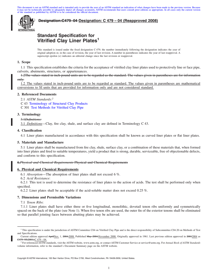 REDLINE ASTM C479-04(2008) - Standard Specification for Vitrified Clay Liner Plates