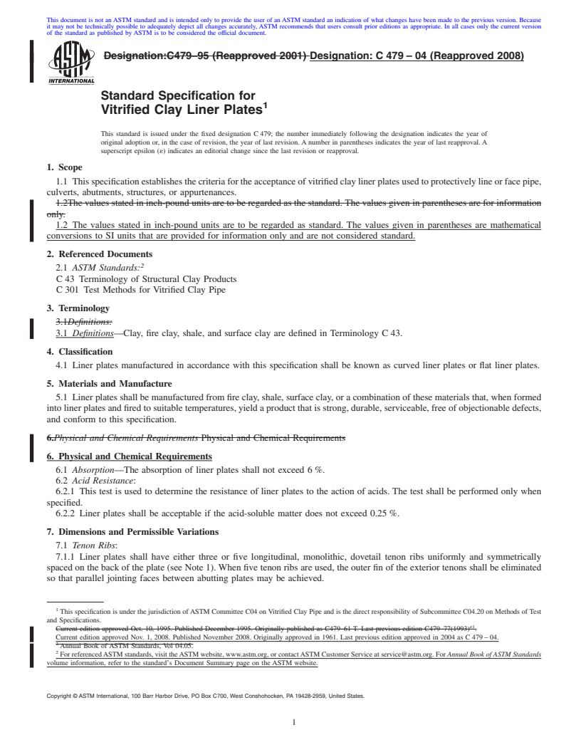 REDLINE ASTM C479-04(2008) - Standard Specification for Vitrified Clay Liner Plates