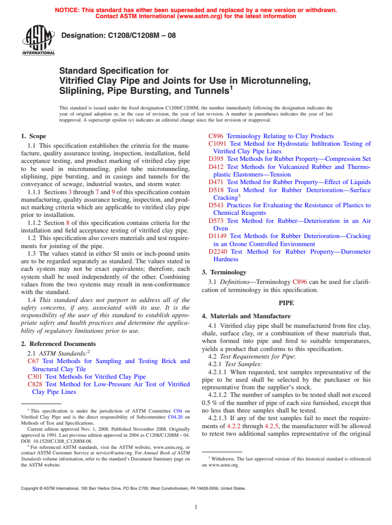 ASTM C1208/C1208M-08 - Standard Specification for Vitrified Clay Pipe and Joints for Use in Microtunneling, Sliplining, Pipe Bursting, and Tunnels