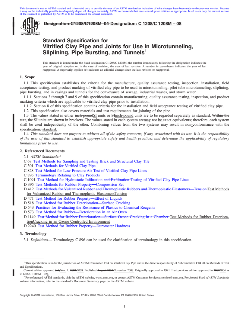 REDLINE ASTM C1208/C1208M-08 - Standard Specification for Vitrified Clay Pipe and Joints for Use in Microtunneling, Sliplining, Pipe Bursting, and Tunnels