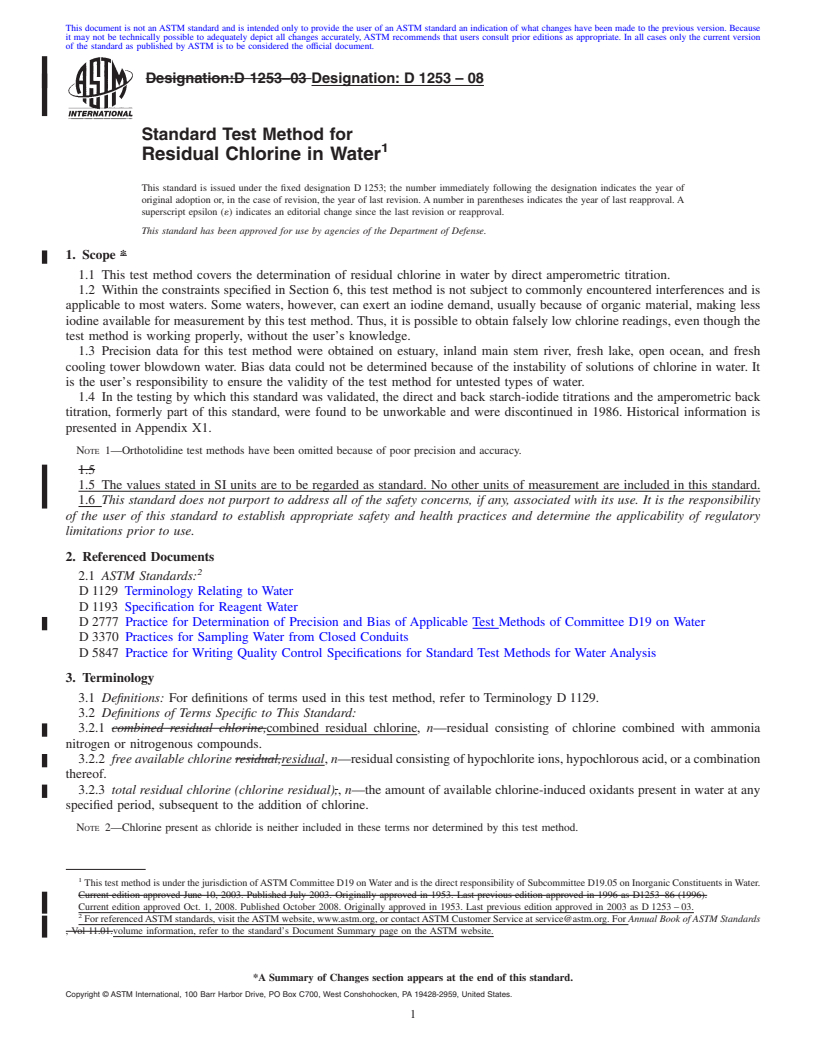 REDLINE ASTM D1253-08 - Standard Test Method for Residual Chlorine in Water