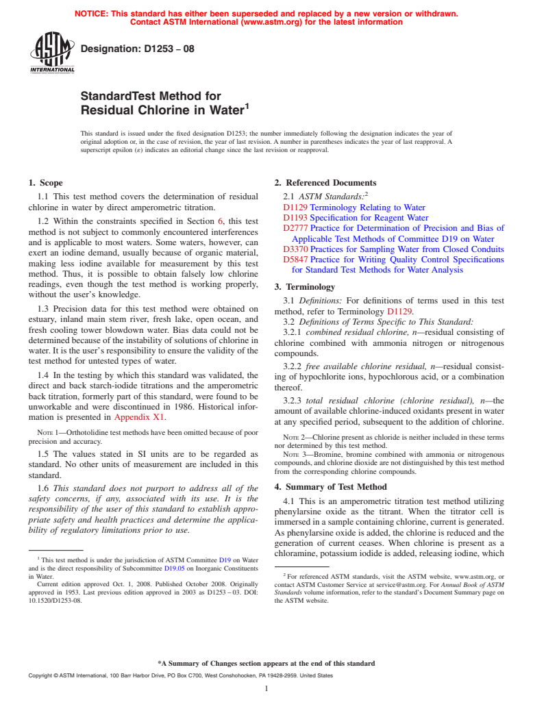 ASTM D1253-08 - Standard Test Method for Residual Chlorine in Water