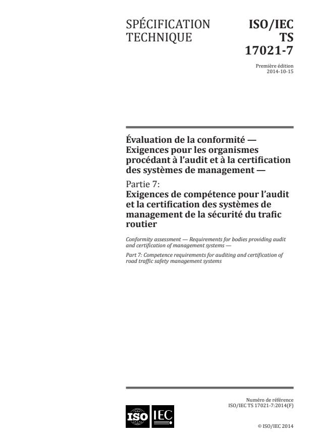 ISO/IEC TS 17021-7:2014 - Évaluation de la conformité -- Exigences pour les organismes procédant a l'audit et a la certification des systemes de management