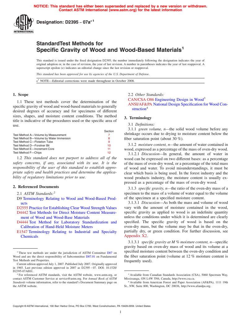 ASTM D2395-07ae1 - Standard Test Methods for Specific Gravity of Wood and Wood-Based Materials