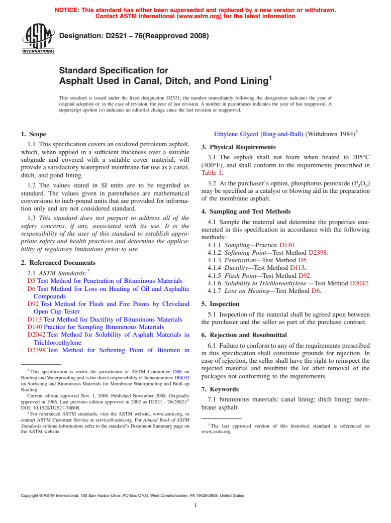 ASTM D2521-76(2008) - Standard Specification for Asphalt Used in Canal, Ditch, and Pond Lining