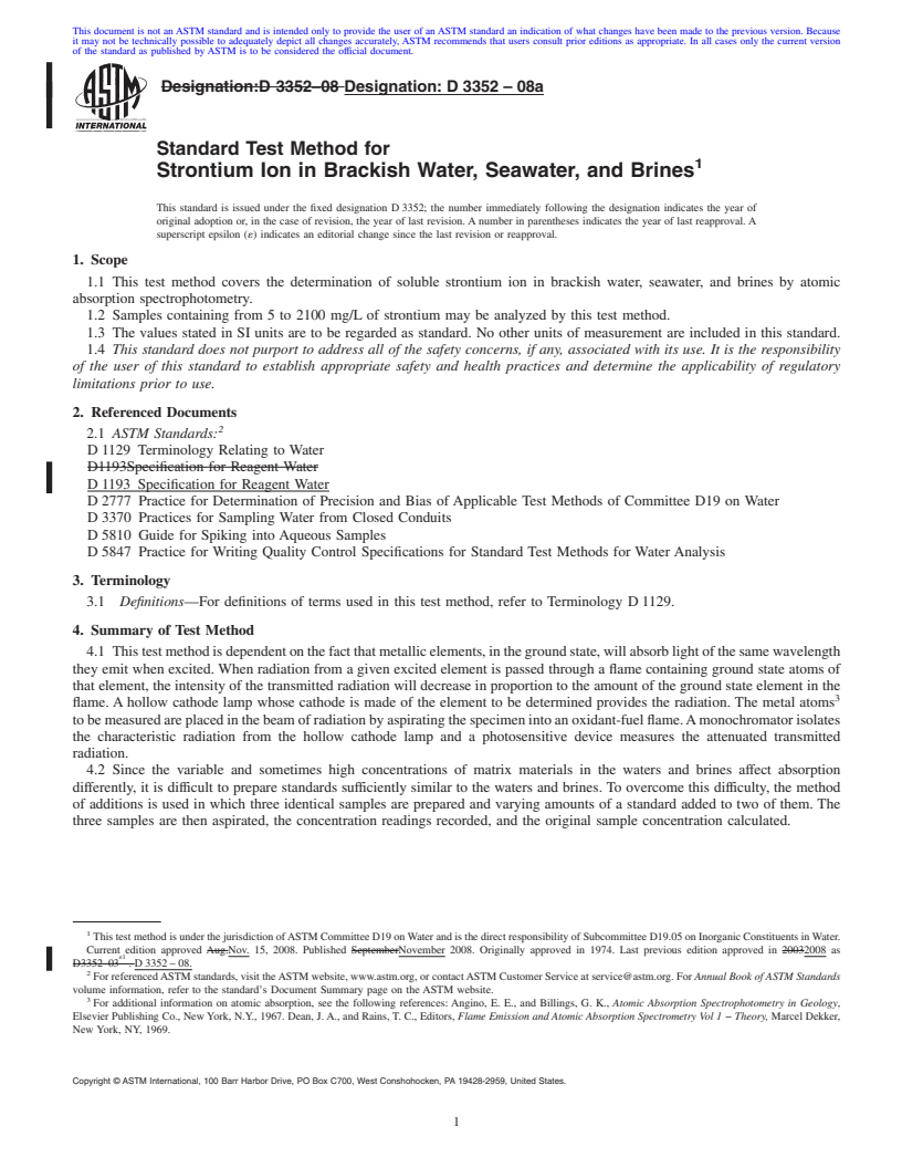 REDLINE ASTM D3352-08a - Standard Test Method for  Strontium Ion in Brackish Water, Seawater, and Brines