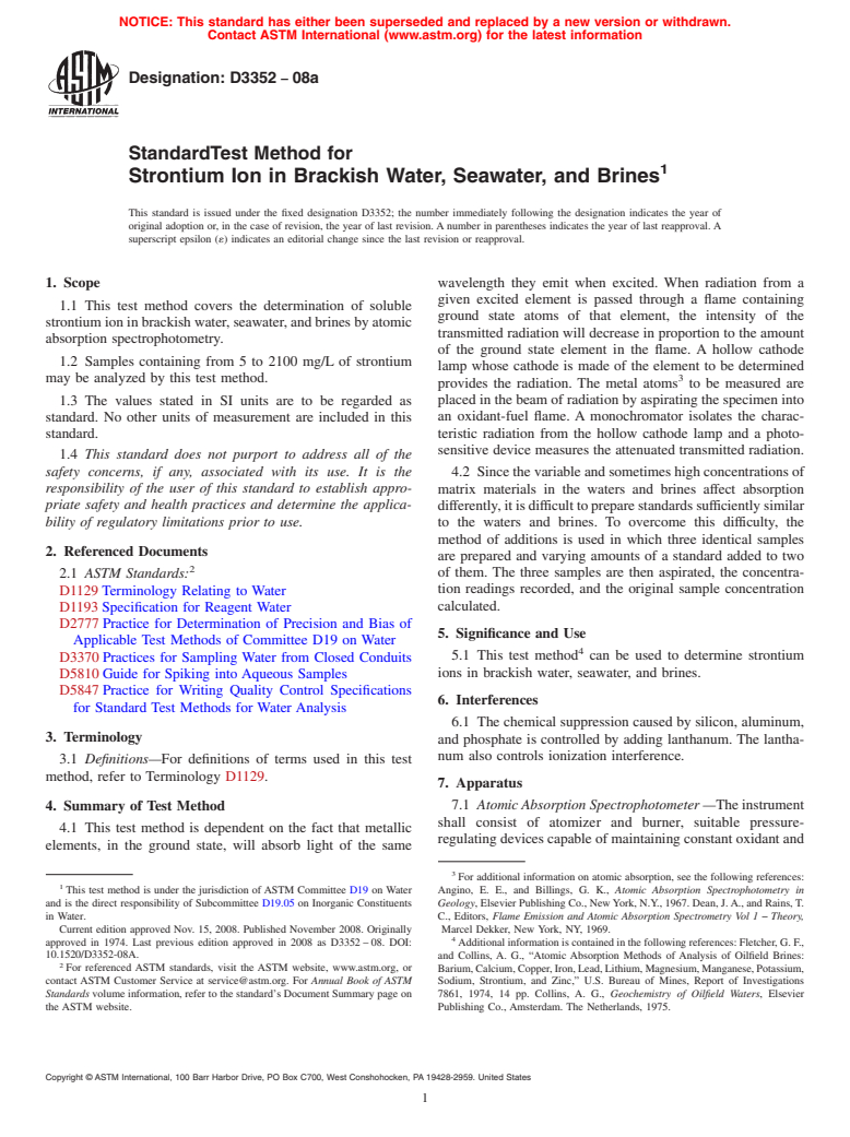 ASTM D3352-08a - Standard Test Method for  Strontium Ion in Brackish Water, Seawater, and Brines