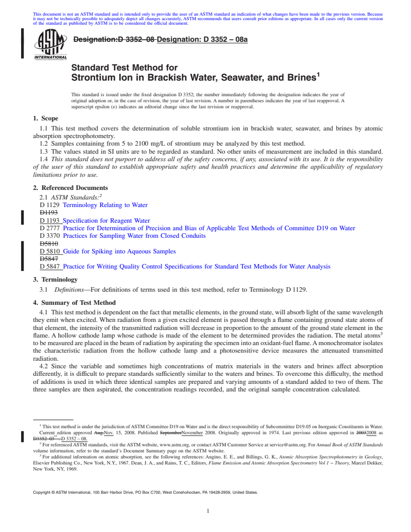 REDLINE ASTM D3352-08a - Standard Test Method for  Strontium Ion in Brackish Water, Seawater, and Brines