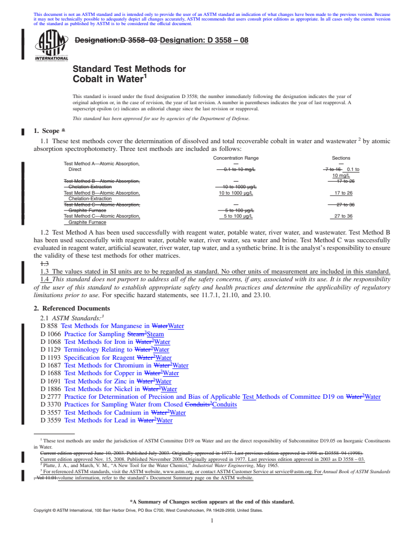 REDLINE ASTM D3558-08 - Standard Test Methods for Cobalt in Water