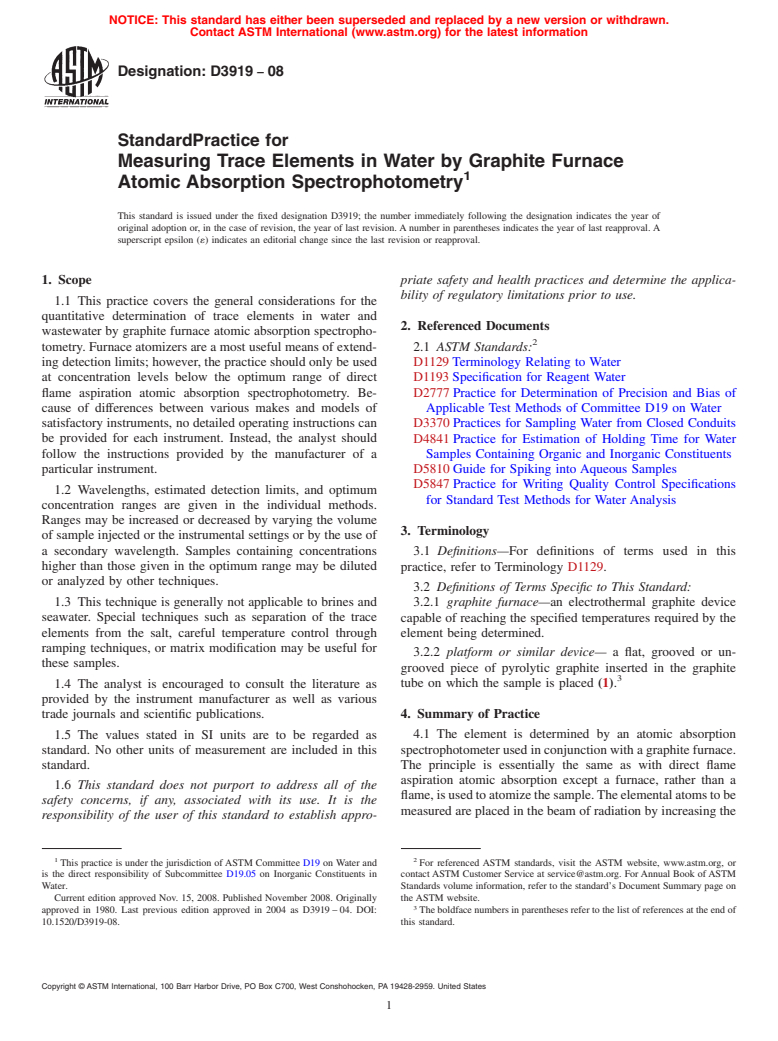 ASTM D3919-08 - Standard Practice for Measuring Trace Elements in Water by Graphite Furnace Atomic Absorption Spectrophotometry