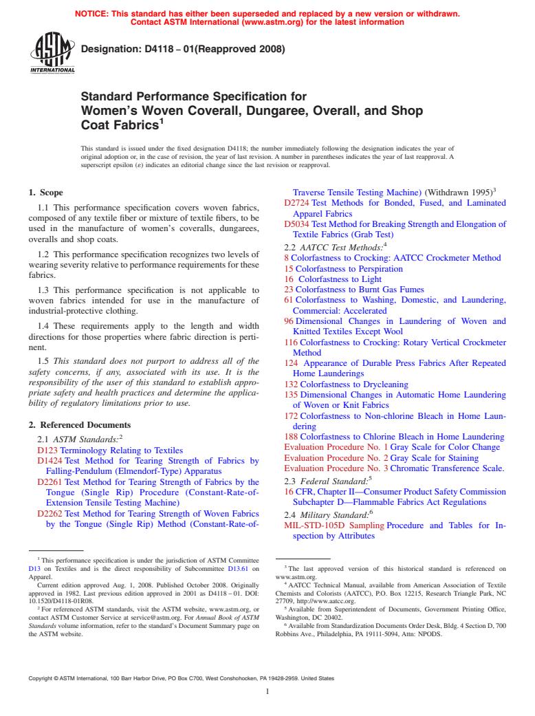 ASTM D4118-01(2008) - Standard Performance Specification for Women's Woven Coverall, Dungaree, Overall, and Shop Coat Fabrics