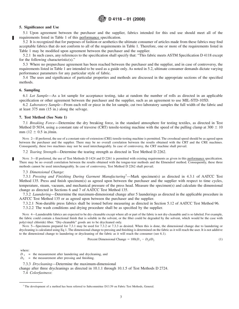 REDLINE ASTM D4118-01(2008) - Standard Performance Specification for Women's Woven Coverall, Dungaree, Overall, and Shop Coat Fabrics