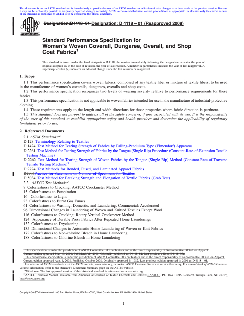 REDLINE ASTM D4118-01(2008) - Standard Performance Specification for Women's Woven Coverall, Dungaree, Overall, and Shop Coat Fabrics