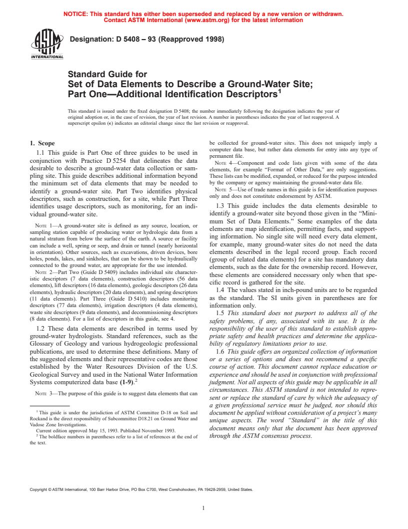 ASTM D5408-93(1998) - Standard Guide for Set of Data Elements to Describe a Ground-Water Site; Part One-Additional Identification Descriptors