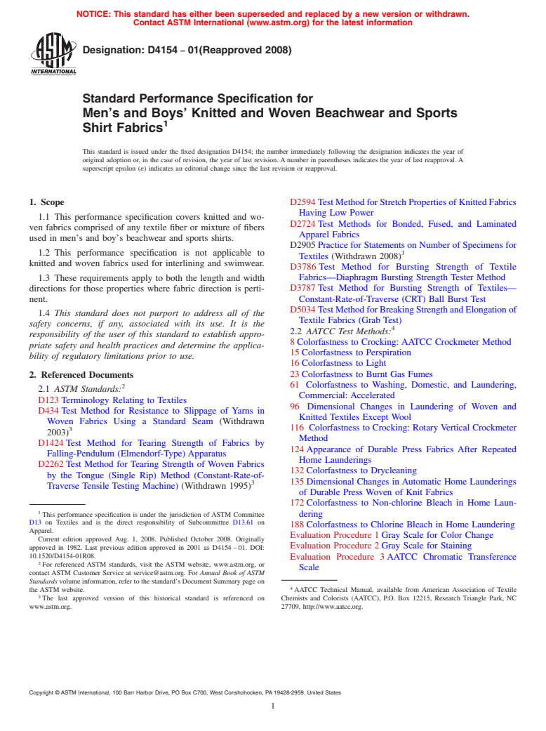 ASTM D4154-01(2008) - Standard Performance Specification for Men's and Boys' Knitted and Woven Beachwear and Sports Shirt Fabrics