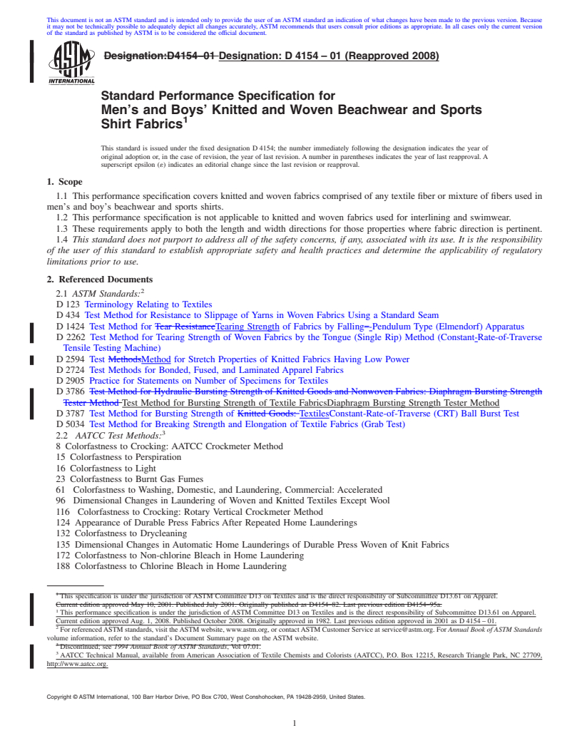 REDLINE ASTM D4154-01(2008) - Standard Performance Specification for Men's and Boys' Knitted and Woven Beachwear and Sports Shirt Fabrics