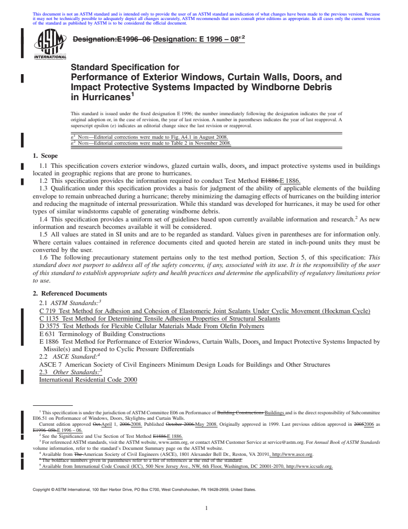 REDLINE ASTM E1996-08e2 - Standard Specification for Performance of Exterior Windows, Curtain Walls, Doors and Impact Protective  Systems Impacted by Windborne Debris in Hurricanes