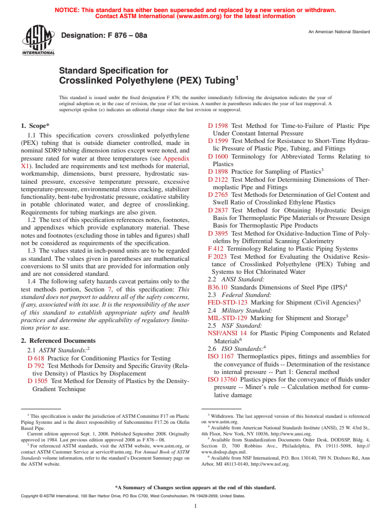 ASTM F876-08a - Standard Specification for  Crosslinked Polyethylene (PEX) Tubing