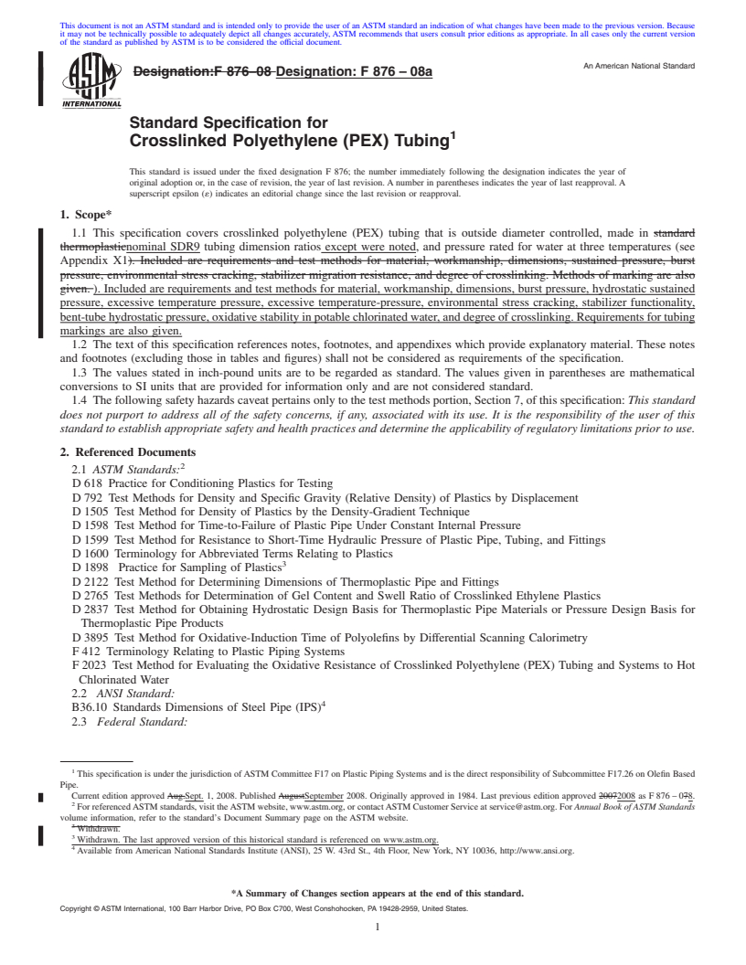 REDLINE ASTM F876-08a - Standard Specification for  Crosslinked Polyethylene (PEX) Tubing