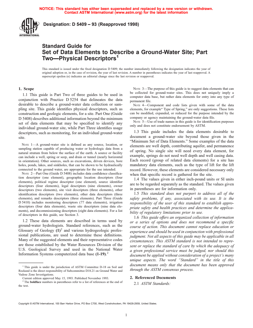 ASTM D5409-93(1998) - Standard Guide for Set of Data Elements to Describe a Ground-Water Site; Part Two-Physical Descriptors