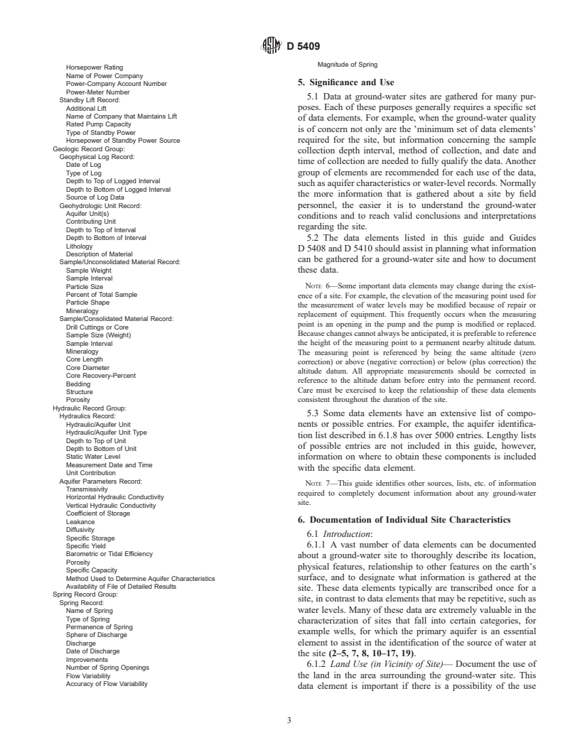 ASTM D5409-93(1998) - Standard Guide for Set of Data Elements to Describe a Ground-Water Site; Part Two-Physical Descriptors