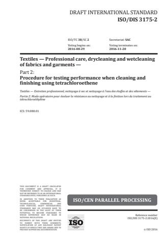 ISO 3175-2:2017 - Textiles -- Professional care, drycleaning and wetcleaning of fabrics and garments