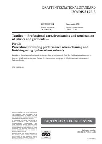 ISO 3175-3:2017 - Textiles -- Professional care, drycleaning and wetcleaning of fabrics and garments