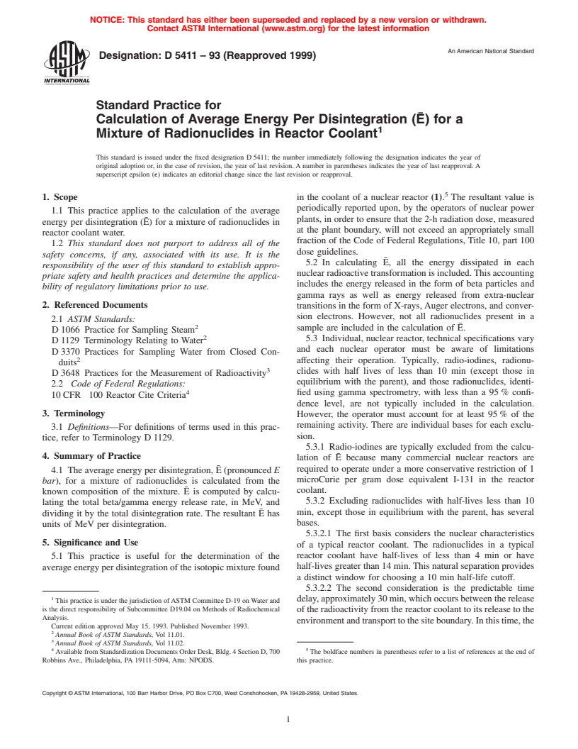 ASTM D5411-93(1999) - Standard Practice for Calculation of Average Energy Per Disintegration (E) for a Mixture of Radionuclides in Reactor Coolant