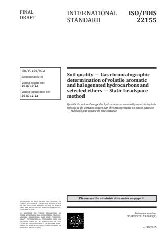 ISO 22155:2016 - Soil quality -- Gas chromatographic determination of volatile aromatic and halogenated hydrocarbons and selected ethers -- Static headspace method