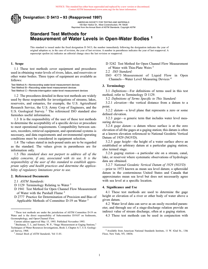 ASTM D5413-93(1997) - Standard Test Methods for Measurement of Water Levels in Open-Water Bodies