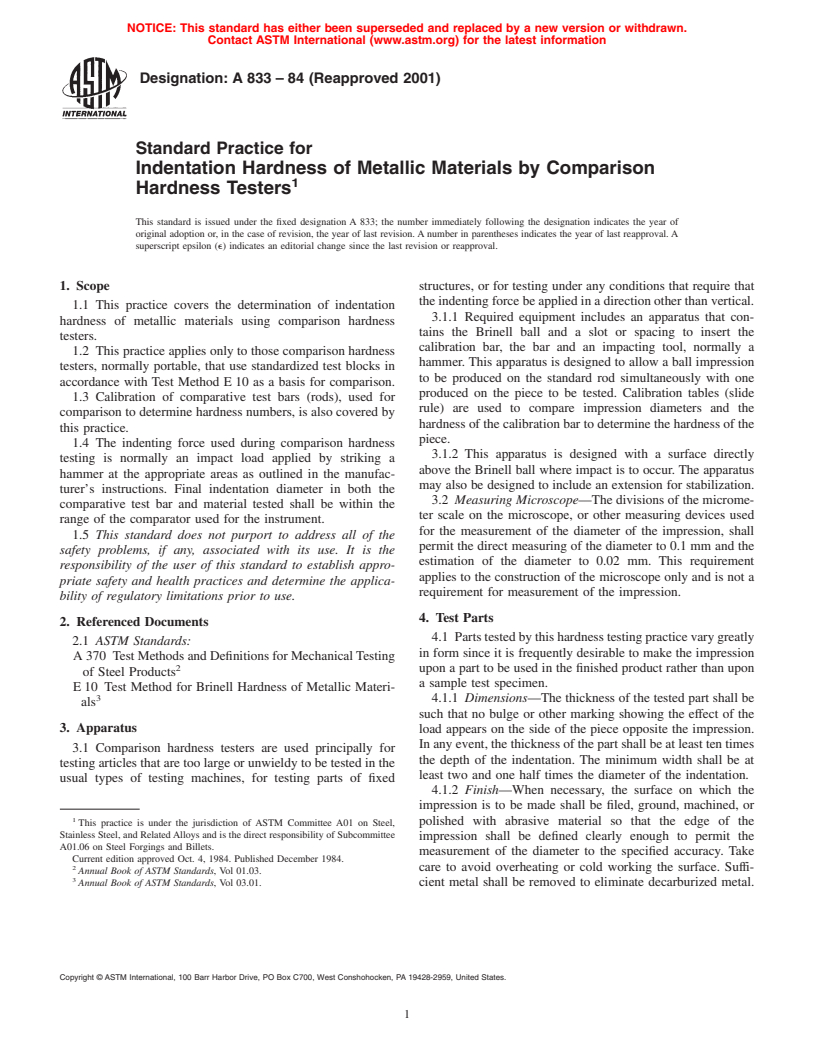 ASTM A833-84(2001) - Standard Practice for Indentation Hardness of Metallic Materials by Comparison Hardness Testers