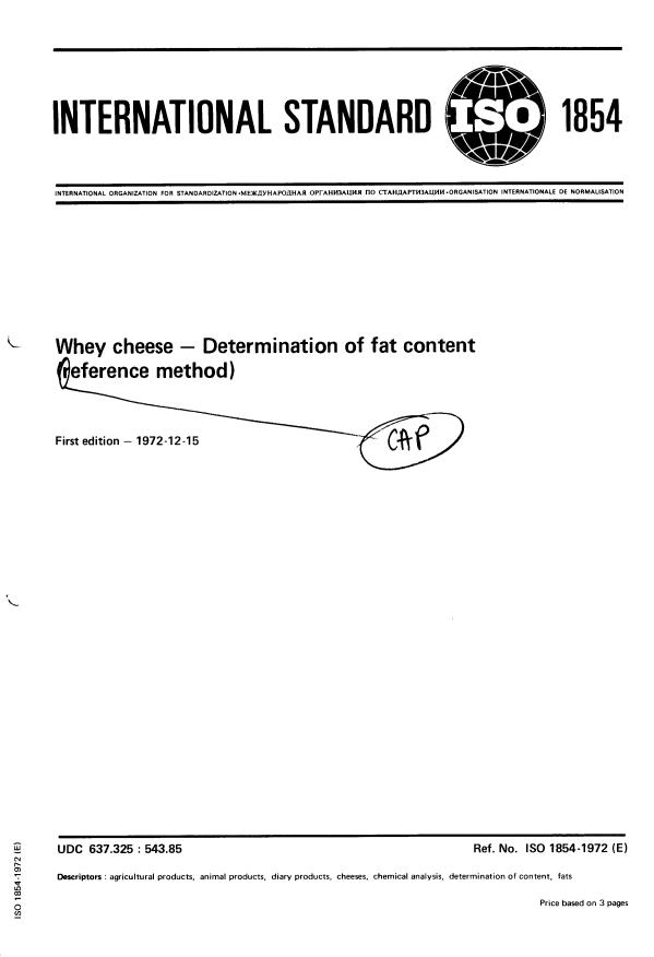 ISO 1854:1972 - Whey cheese -- Determination of fat content (Reference method)