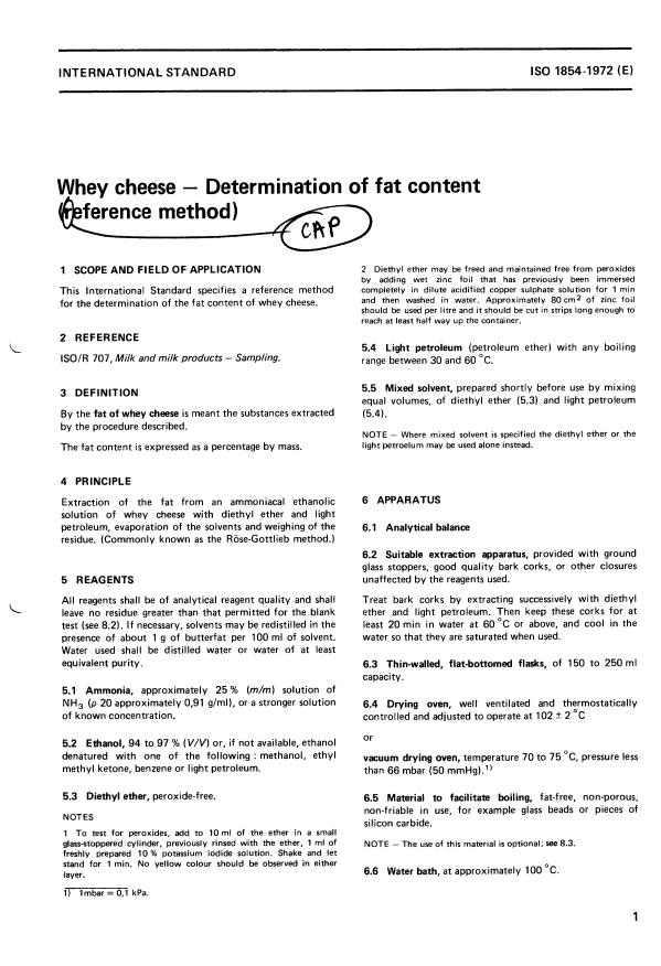 ISO 1854:1972 - Whey cheese -- Determination of fat content (Reference method)