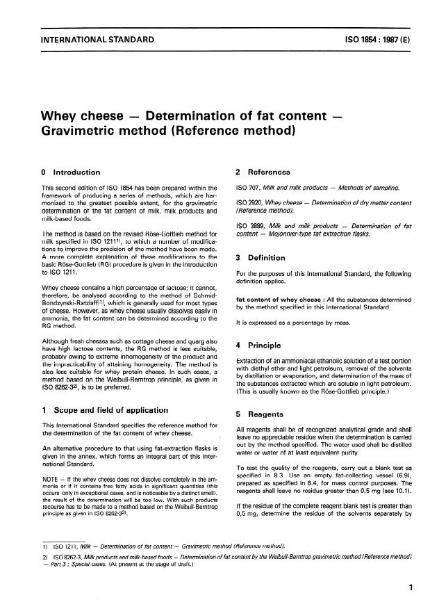 ISO 1854:1987 - Whey cheese -- Determination of fat content -- Gravimetric method (Reference method)