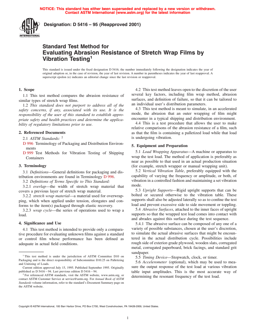 ASTM D5416-95(2001) - Standard Test Method for Evaluating Abrasion Resistance of Stretch Wrap Films by Vibration Testing