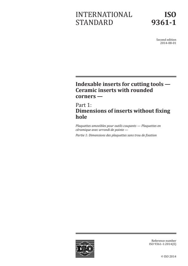 ISO 9361-1:2014 - Indexable inserts for cutting tools -- Ceramic inserts with rounded corners