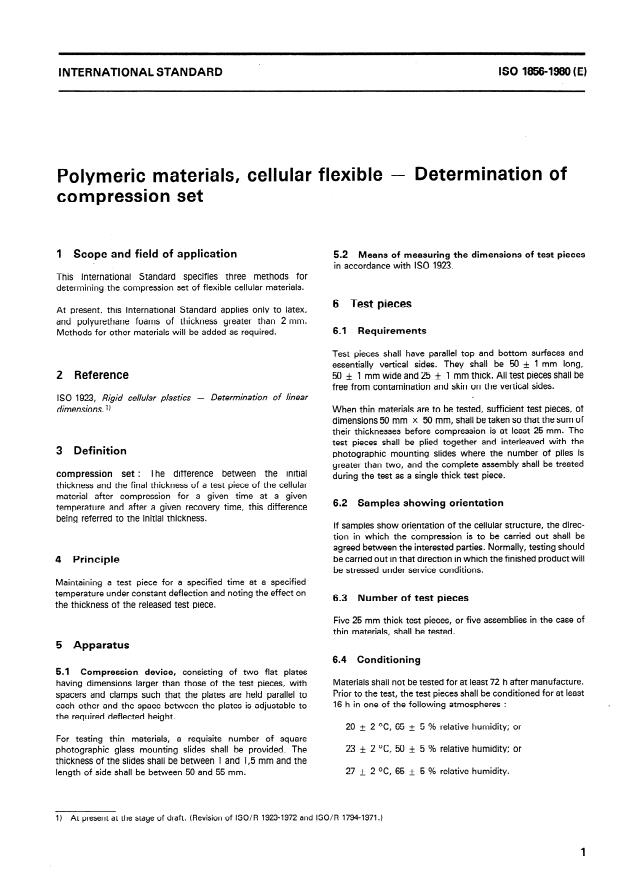 ISO 1856:1980 - Polymeric materials, cellular flexible -- Determination of compression set