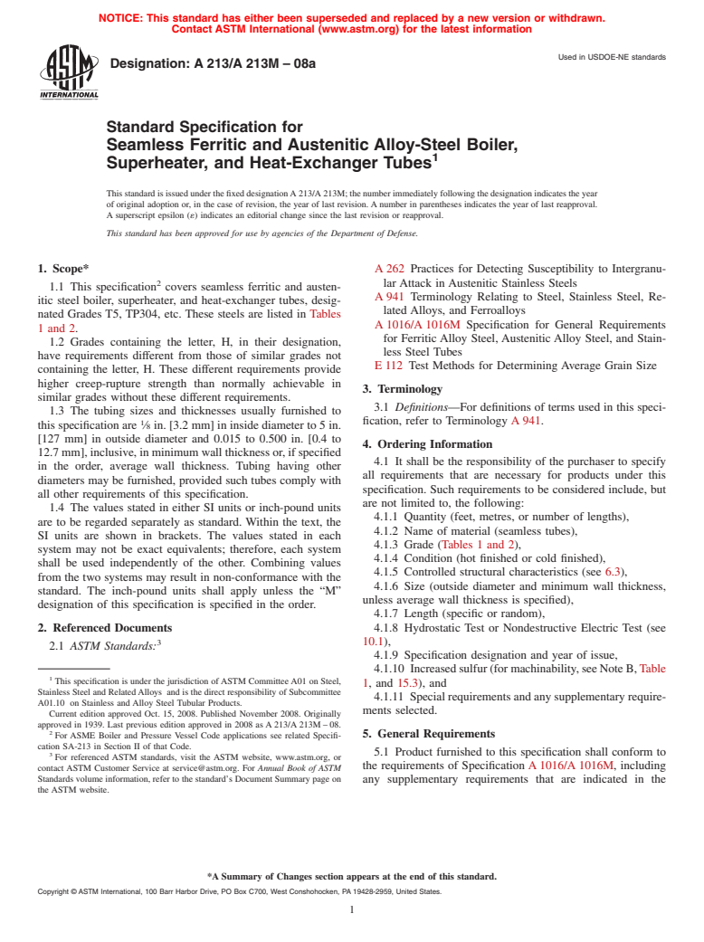ASTM A213/A213M-08a - Standard Specification for  Seamless Ferritic and Austenitic Alloy-Steel Boiler, Superheater, and Heat-Exchanger Tubes
