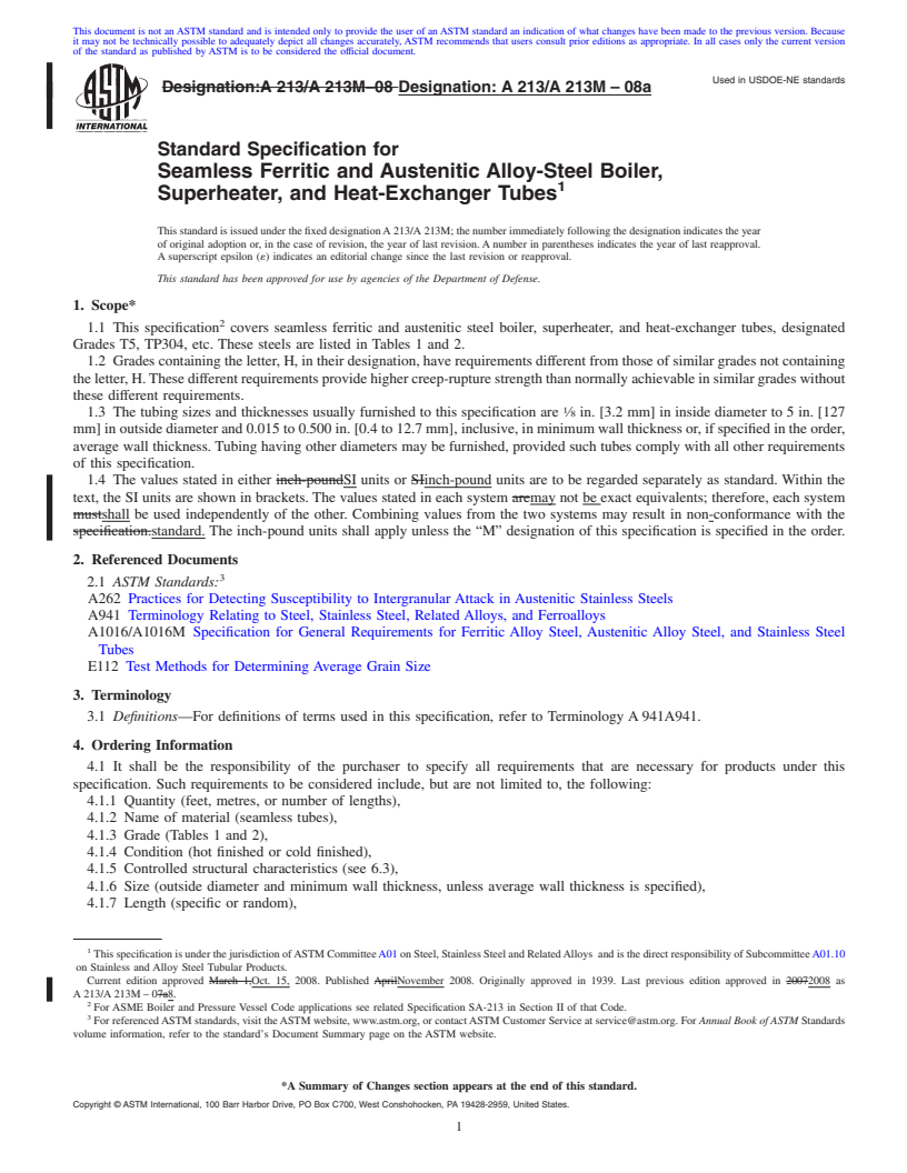 REDLINE ASTM A213/A213M-08a - Standard Specification for  Seamless Ferritic and Austenitic Alloy-Steel Boiler, Superheater, and Heat-Exchanger Tubes