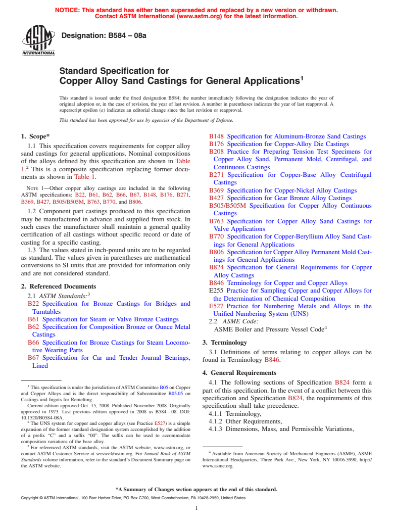 ASTM B584-08a - Standard Specification for  Copper Alloy Sand Castings for General Applications