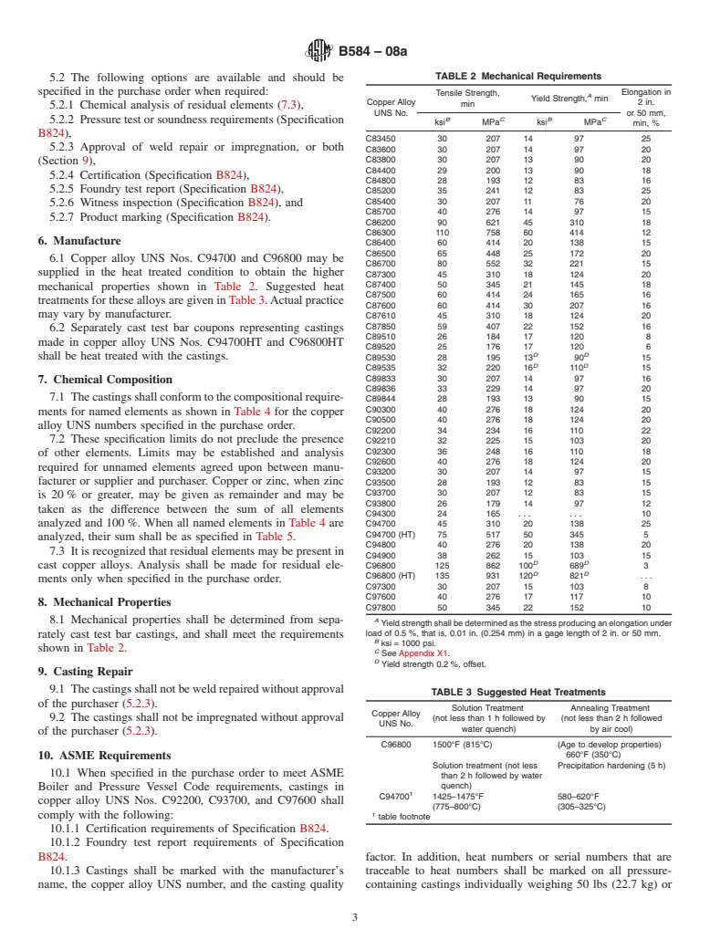 ASTM B584-08a - Standard Specification for  Copper Alloy Sand Castings for General Applications