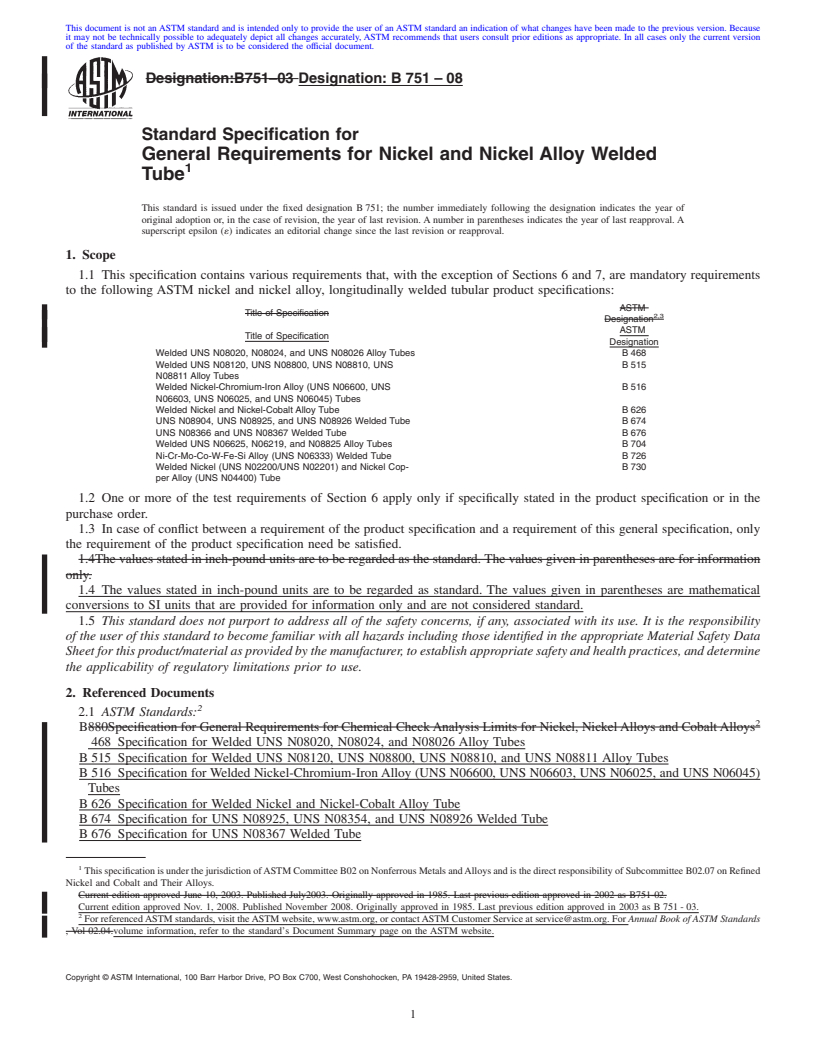 REDLINE ASTM B751-08 - Standard Specification for General Requirements for Nickel and Nickel Alloy Welded Tube