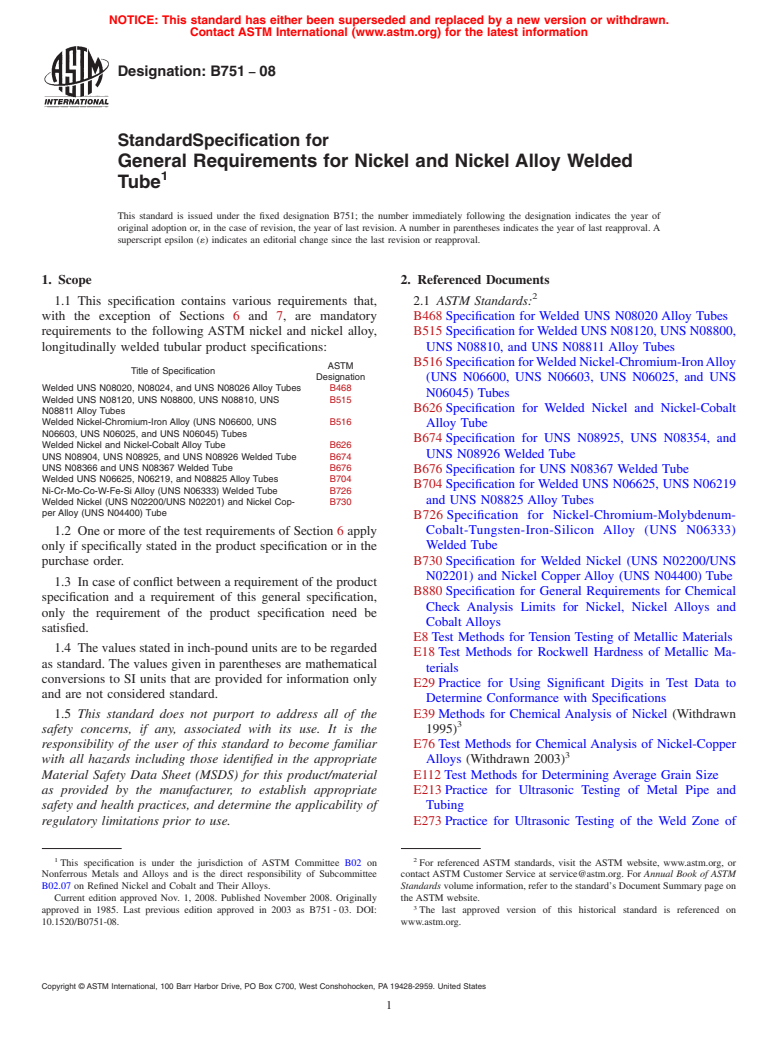 ASTM B751-08 - Standard Specification for General Requirements for Nickel and Nickel Alloy Welded Tube