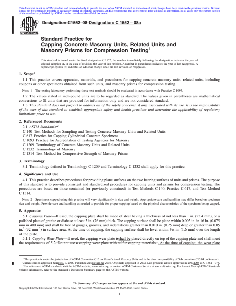 REDLINE ASTM C1552-08a - Standard Practice for Capping Concrete Masonry Units, Related Units and Masonry Prisms for Compression Testing