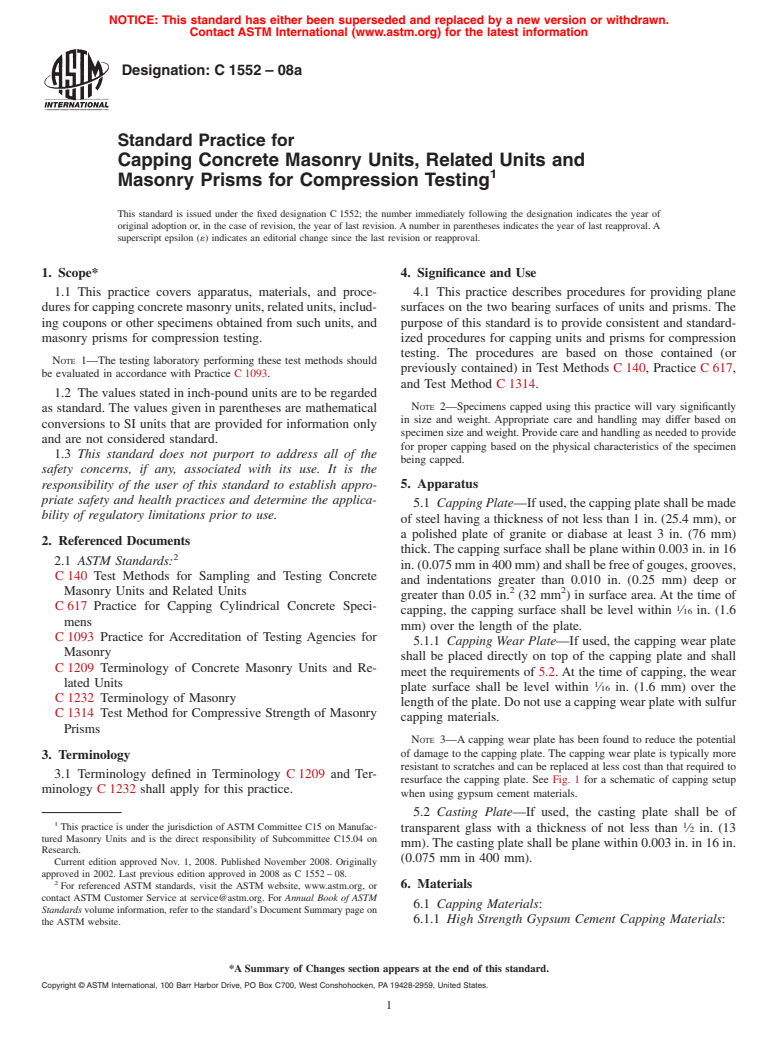 ASTM C1552-08a - Standard Practice for Capping Concrete Masonry Units, Related Units and Masonry Prisms for Compression Testing