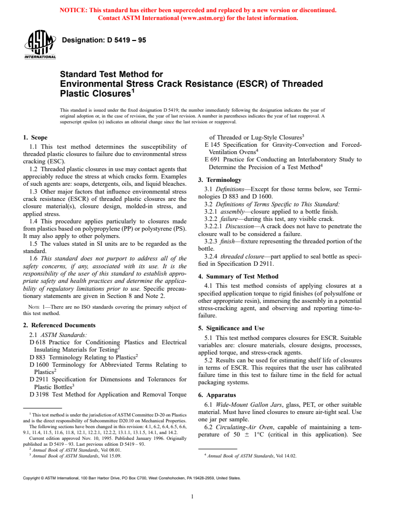 ASTM D5419-95 - Standard Test Method for Environmental Stress Crack Resistance (ESCR) of Threaded Plastic Closures