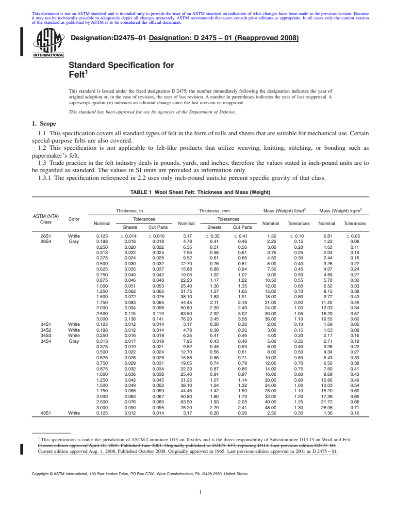 REDLINE ASTM D2475-01(2008) - Standard Specification for Felt