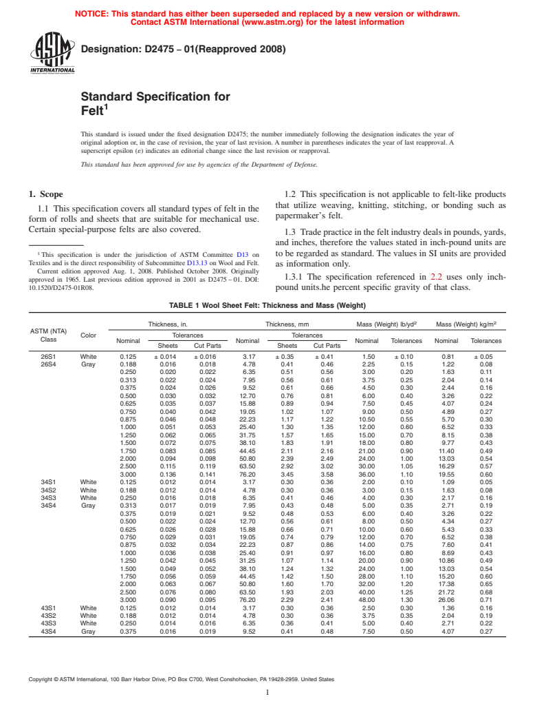 ASTM D2475-01(2008) - Standard Specification for Felt